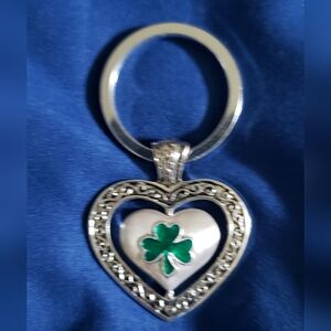 Silver Heart Keychain with Green Clover